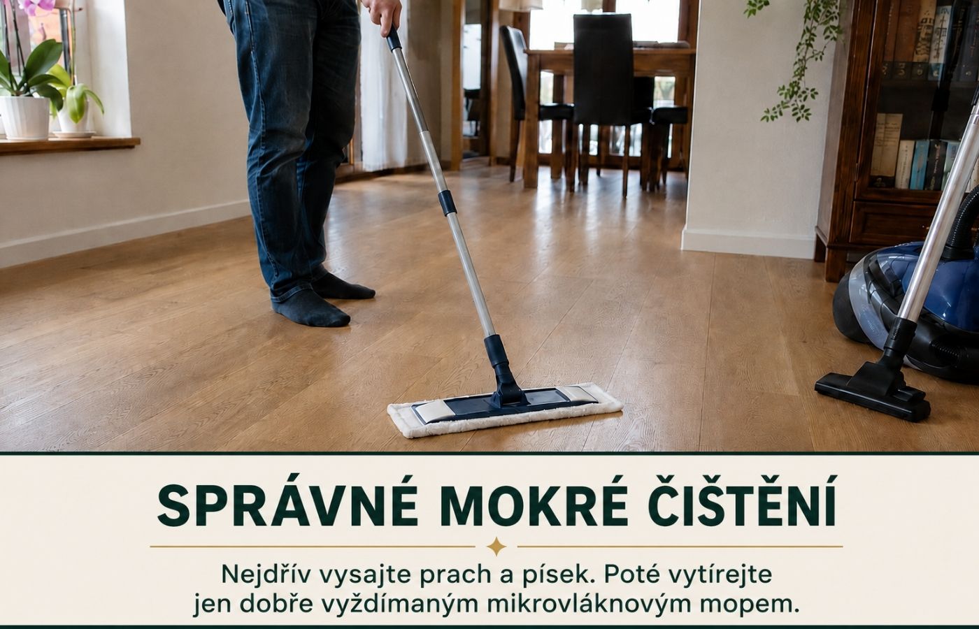 Správné šetrné vytírání olejované dubové podlahy dobře vyždímaným mikrovláknovým mopem